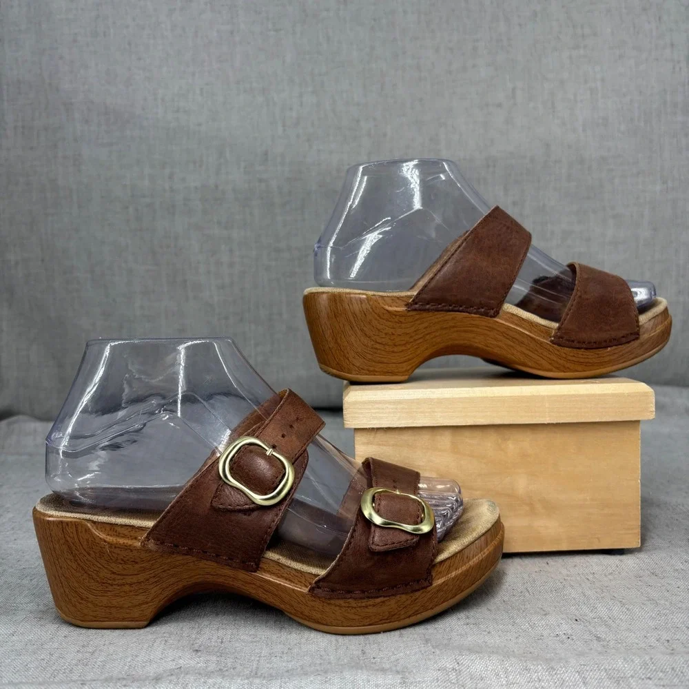 Dansko Sophie Brown Leather Dual Strap Buckle Wedge Slide Sandals Eu Size 37